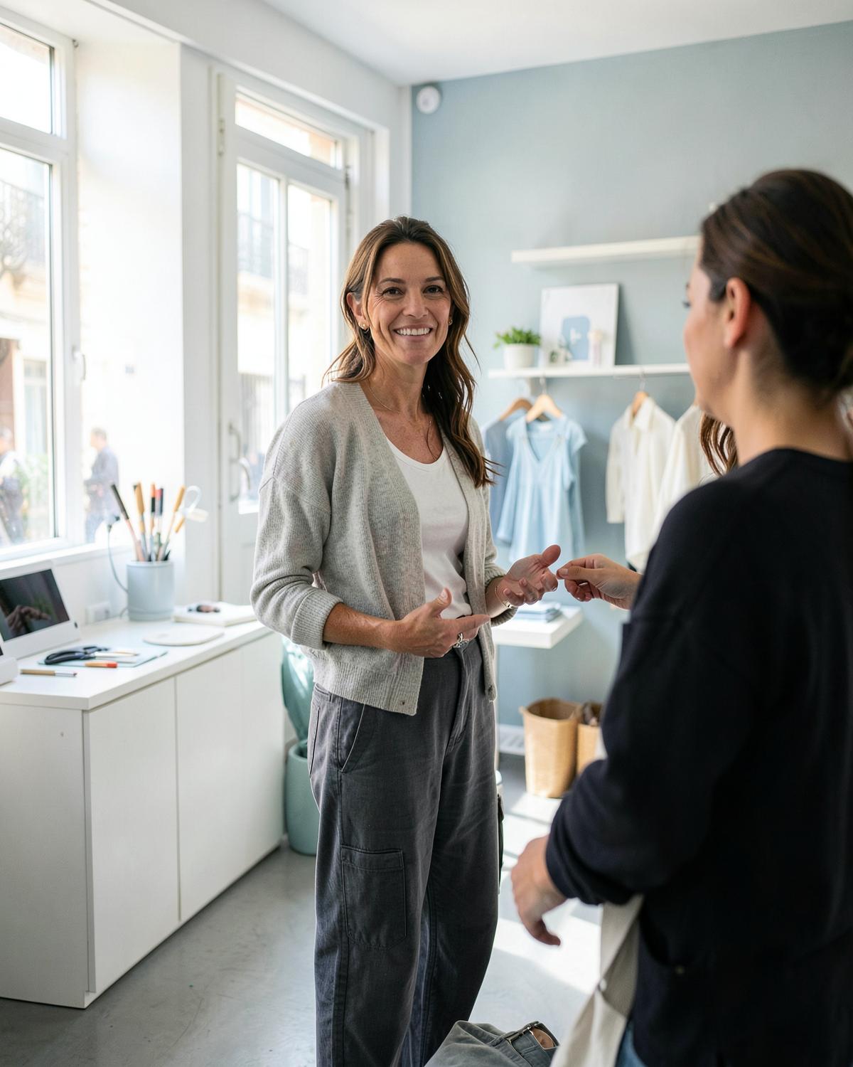 Empresária a atender uma cliente no seu negócio